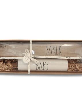 Rae Dunn White and Brown "Baker" Rolling Pin and Pastry Set